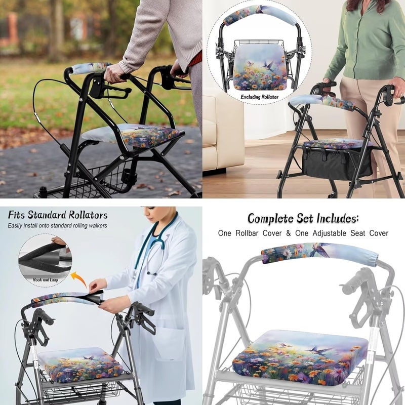 LedBack Universal Walker Accessories Hummingbird Daisy Walker Seat Covers Rollator Walker Seat and Backrest Covers Underseat Pouch Tote for Rolling Walkers - Image 4